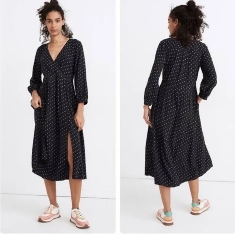 Madewell Faux Wrap Midi Dress Black with Purple Dots